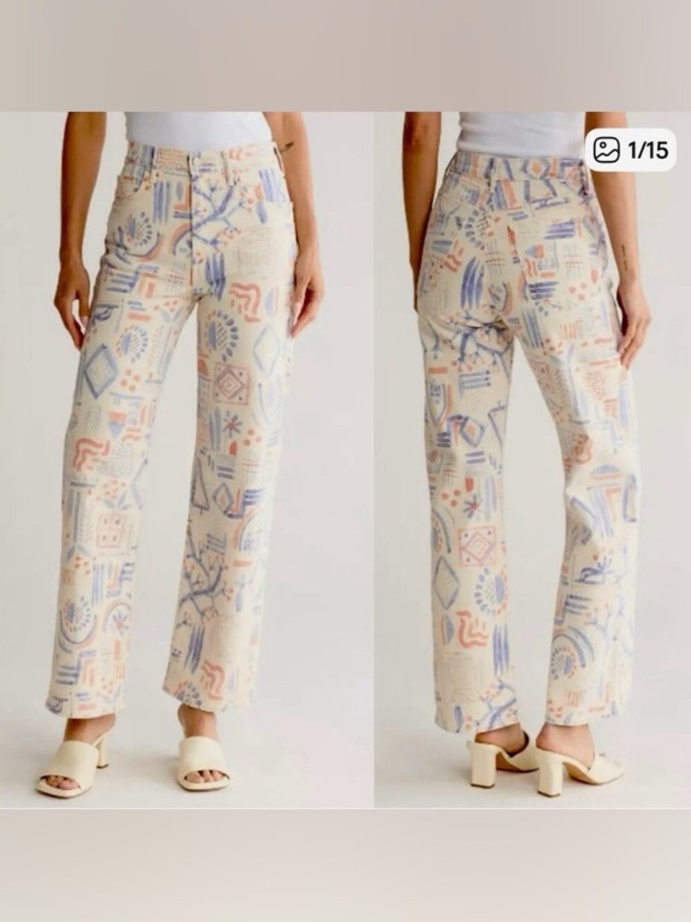 MOTHER Wide-Leg Printed Jeans in Cream with Pastel Blue & Peach Motif